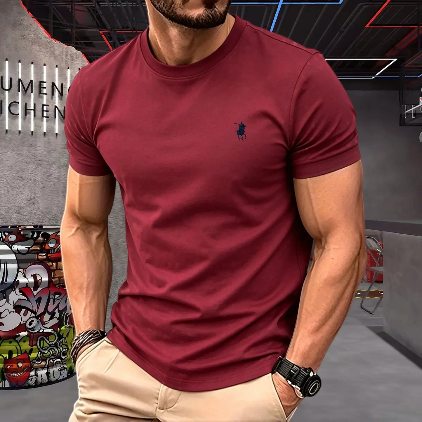 100% pure cotton 2026 high-end brand men's short sleeved round neck top summer fashion luxury pony embroidery top sports T-shirt