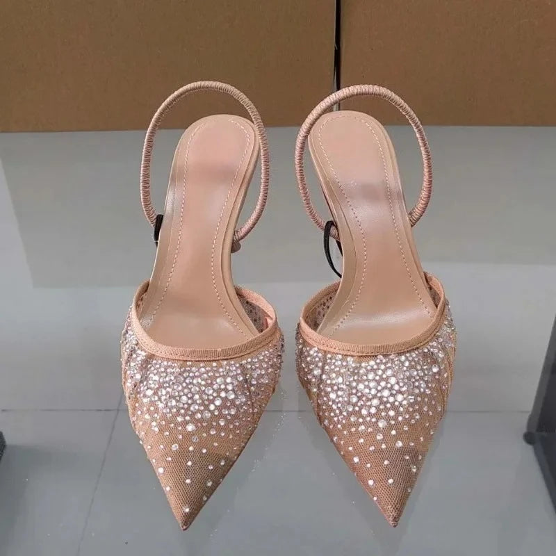 2025 Summer New Women's Sandals Water Diamond Bright Mesh High Heels Footwear Elegant Slingback Pointed Slip on Party Lady Shoes