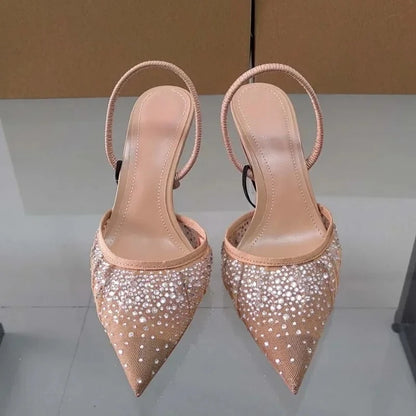 2025 Summer New Women's Sandals Water Diamond Bright Mesh High Heels Footwear Elegant Slingback Pointed Slip on Party Lady Shoes
