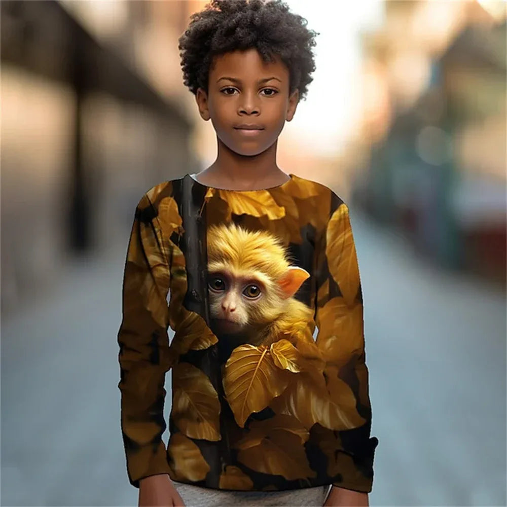 Clothing For Boys Leaf Tiger Animal Monkey Print Long Sleeve Top For Children T-Shirt Teenagers 2023 Autumn Girls Tshirt Kids