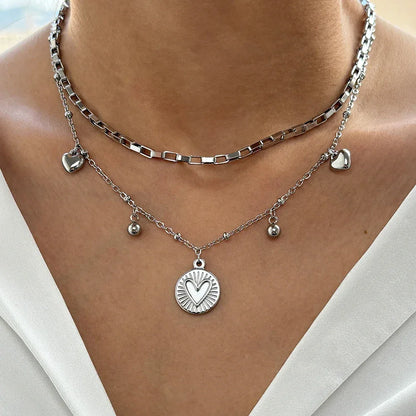 woiwoi Stainless Steel Necklace Luxury Exquisite Peach Heart Double Layer Bone Chain Ladies Jewelry Birthday Anniversary Gift