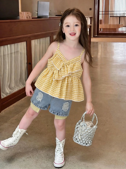 Summer Baby Girls Clothing Set & Denim Shorts Set 2-6Y | Yellow Plaid Ruffled Cami, Distressed Denim with Bow | Soft Breathable