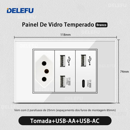 DELEFU 4*2 White Tempered Glass Brazil Standard Outlet with Double USB Type C Wall Power Socket Smart Switch Tuya Wifi 10A 20A