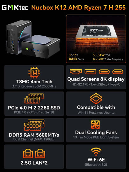 GMKtec K12 AMD Ryzen 7 H 255 Gaming Mini PC 2*DDR5 3*PCIe SSD WiFi6E BT5.2 2*.5G LAN OCulink Desktop MINI PC Gamer Computer