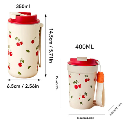 350/400ML Plastic Coffee Mug With Cherry Pattern Travel Portable Water Bottle Tumbler Sealed Leak Proof Drinking Cup Drinkware