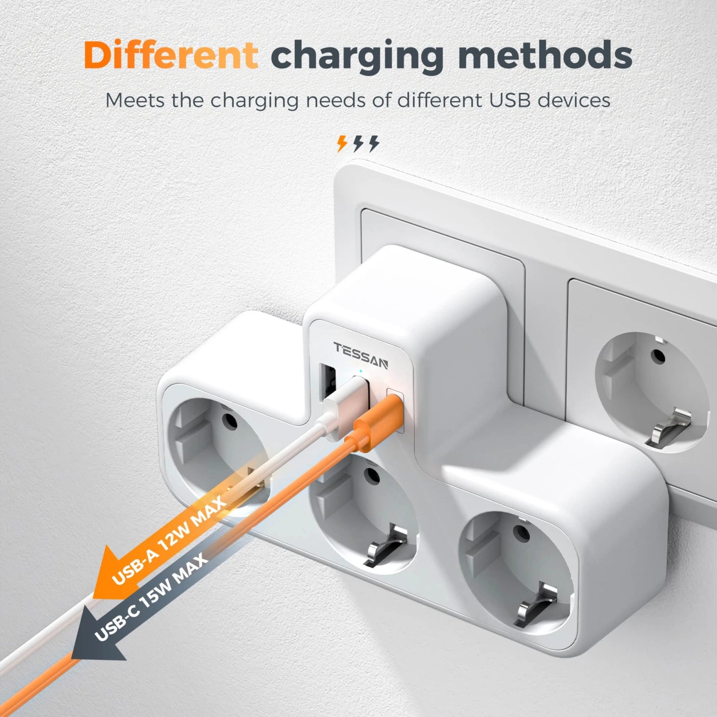 Tessan Multiple EU Standard USB Socket Wall Socket 6 in 1 Plug Socket with 3 AC Outlets with USB Charging Ports for Home Office