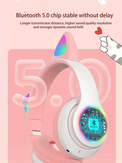 New Flash Light Cute Cat Ears Wireless Headphone with Mic Control LED Kid Girl Stereo Music Helmet Phone Bluetooth Headset Gift