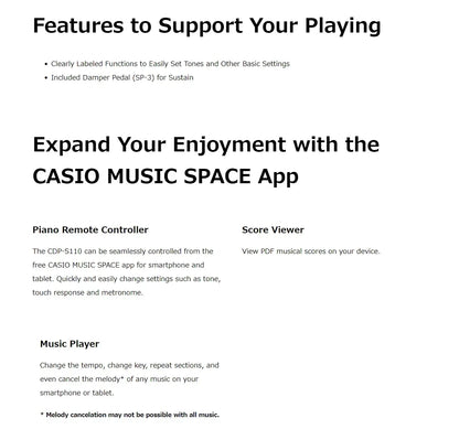CASIO CDP-S110 Portable Digital Piano, 88-Key Scaled Hammer Action Keyboard, Bluetooth MIDI, Battery-Powered