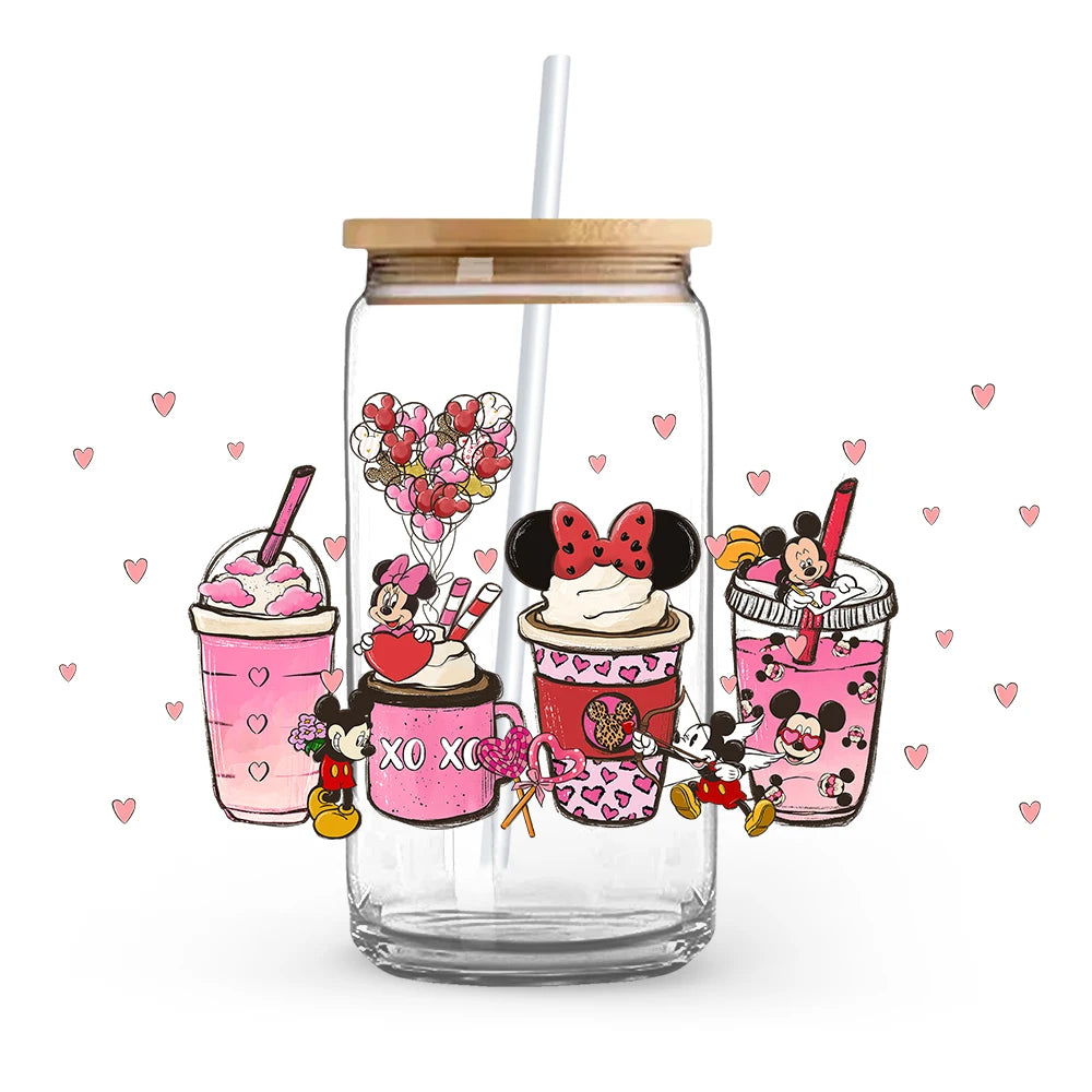 Valentine's Day cartoon Mickey Minnie Stitch Love 16oz Glass Cup UV DTF Transfer Film High-Quality Wraps Transfer Decals