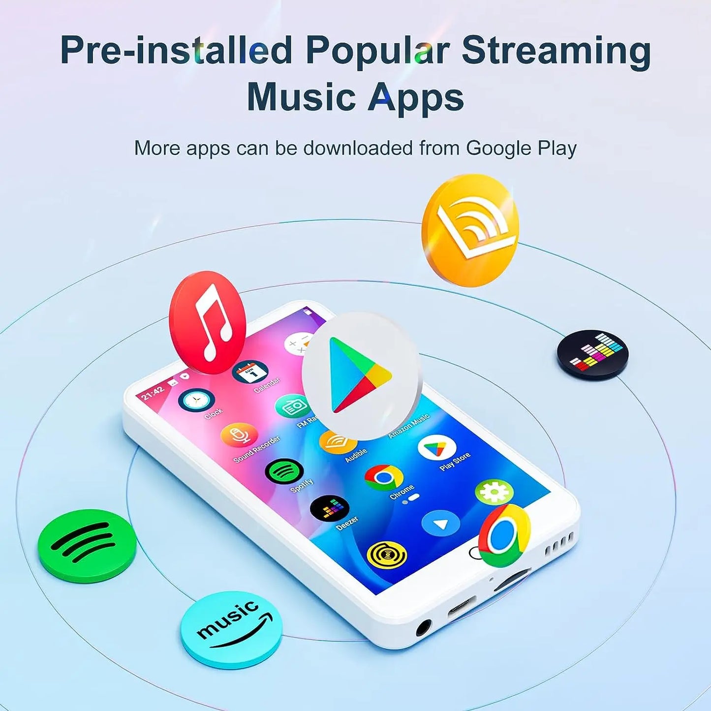 MECHEN MP3 Player Android 9.0 with Bluetooth and WiFi，MP3 MP4 Player with Spotify，Audible，Pandora， Up to 512 GB (White)