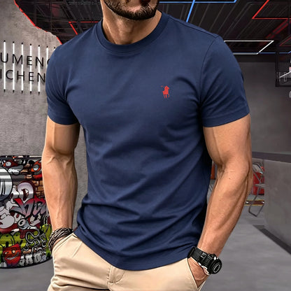 100% pure cotton 2026 high-end brand men's short sleeved round neck top summer fashion luxury pony embroidery top sports T-shirt