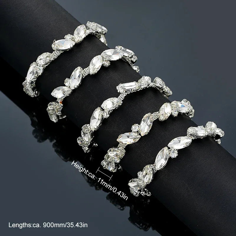 QIAO 90cm Rhinestone Crystal Chain Diamante Lace Diamond Trim Ribbon Necklace Applique Gem Sparkle Wedding Dress for DIY Craft