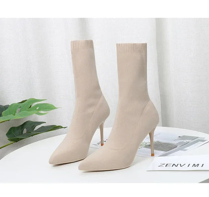 Comemore Knitting Stretch High Heels for Women Fashion Shoe 2025 Spring Autumn Ankle Boot Female Sexy Sock Boots Plus Size 34 42