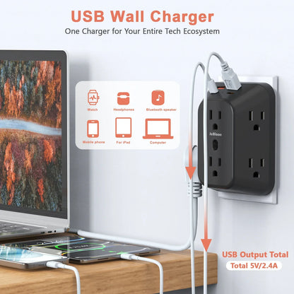 Multi Plug Wall Outle,6-Outlet Extender with 4 USB Ports,3 Sided Multi Plug Wall Adapter  Surge Protector for Home Office