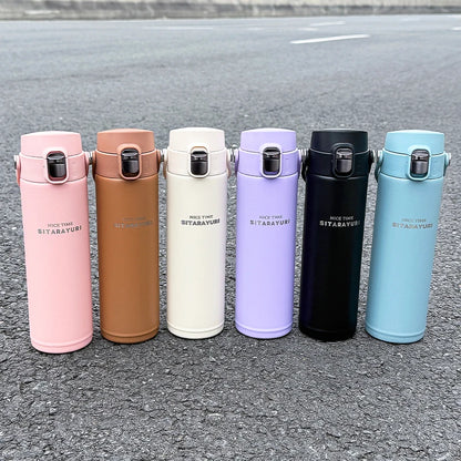 1 PC Stainless Steel Vacuum Flask, 500ml Pop-Up Direct Drink Insulated Bottle with Wide Handle, Outdoor Portable Sports Bottle