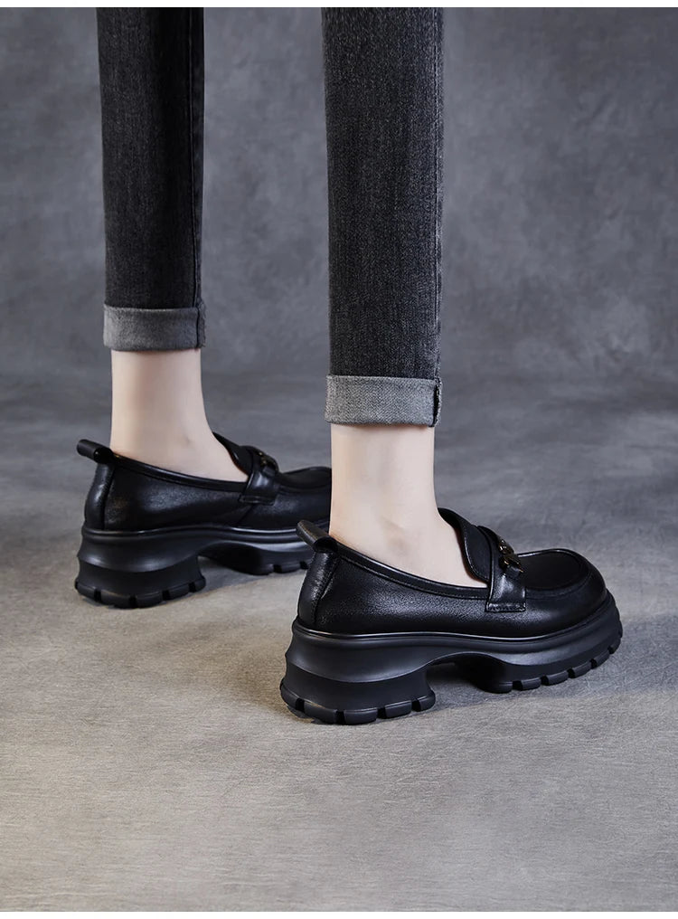 DRKANOL Women Genuine Leather Loafers 2026 Spring Autumn Thick High Heel Chunky Platform Handmade Retro Metal Trend Casual Shoes
