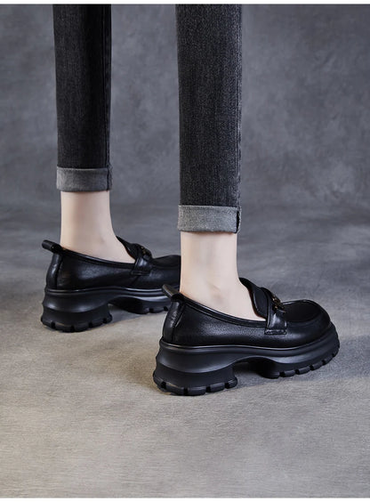DRKANOL Women Genuine Leather Loafers 2026 Spring Autumn Thick High Heel Chunky Platform Handmade Retro Metal Trend Casual Shoes