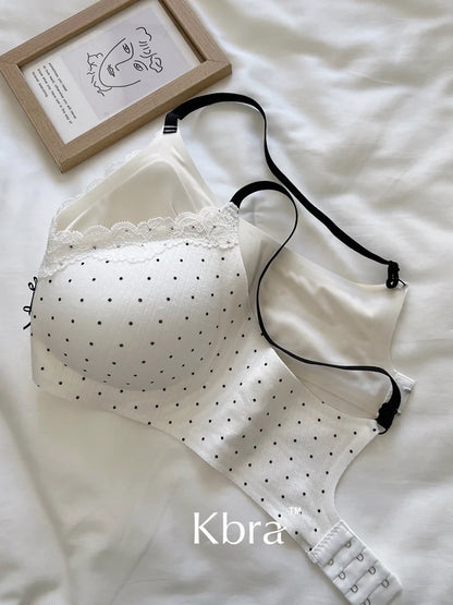 Lace Contrast Floral Print Lingerie for Women, Small Chest Gathering, Seamless and Underwire Bra