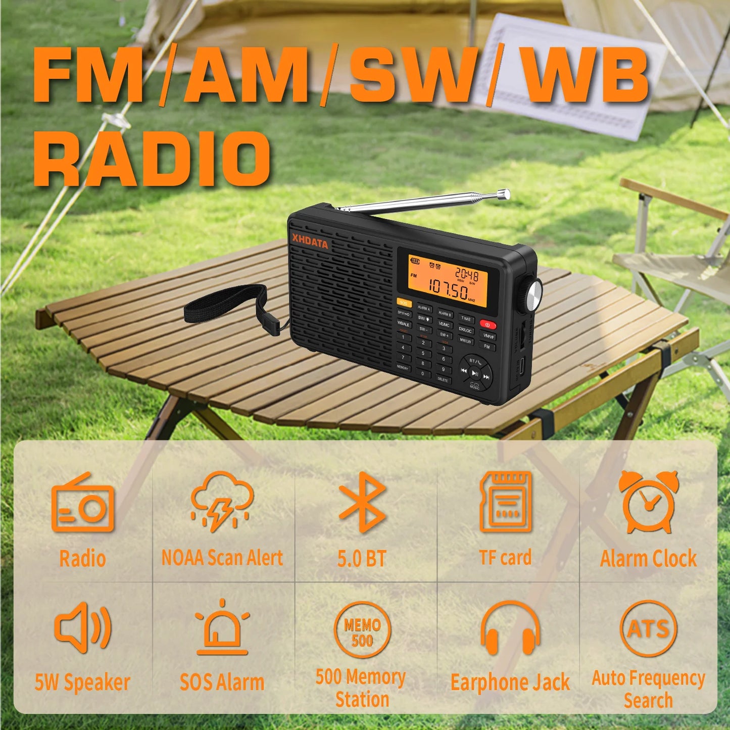 XHDATA D-109WB AM FM Stereo SW MW LW Digital Alarm Clock Portable Radio With Rechargeable Battery USB-C and Weather Forecast