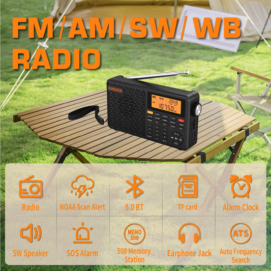 XHDATA D-109WB AM FM Stereo SW MW LW Digital Alarm Clock Portable Radio With Rechargeable Battery USB-C and Weather Forecast