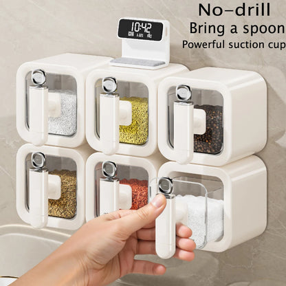 Non perforated seasoning box, seasoning storage container with spoon, spice jar, chili spice, kitchen organizer
