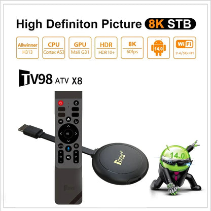 TV98 ATV X8 Smart TV Stick iptv Allwinner H313 quad-core 4G 5G Dual Wifi HD 8K 4K BT 5.0 8GB 128GB Voice Remote Android 14