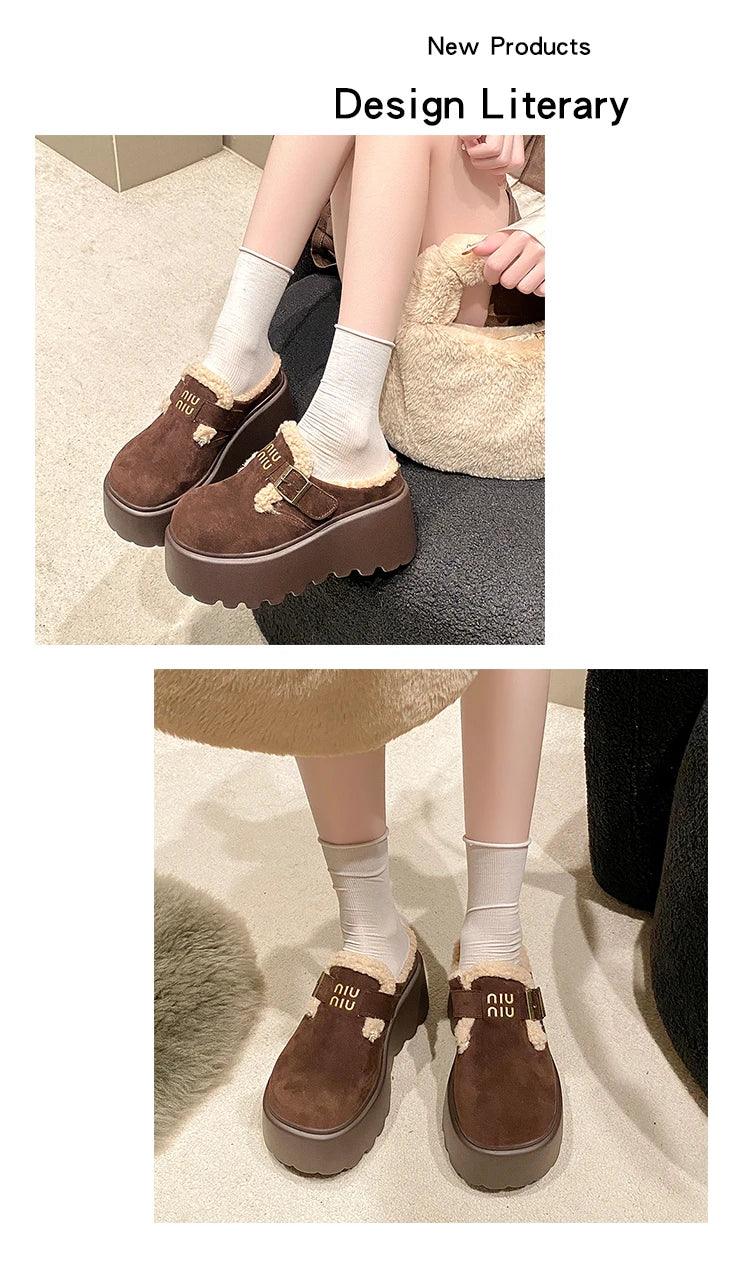 Platform High Heels Slippers Women Suede Mules Shoes Fur Warm Wedges Flip Flops 2025 Winter New Snow Boots Fashion Zapatos Mujer