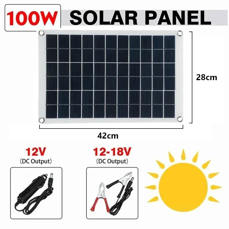 18V Solar Panel 100W + Dual USB Waterproof Outdoor Hiking Camping Portable Battery Mobile Phone Charging Bank Chargings Panels