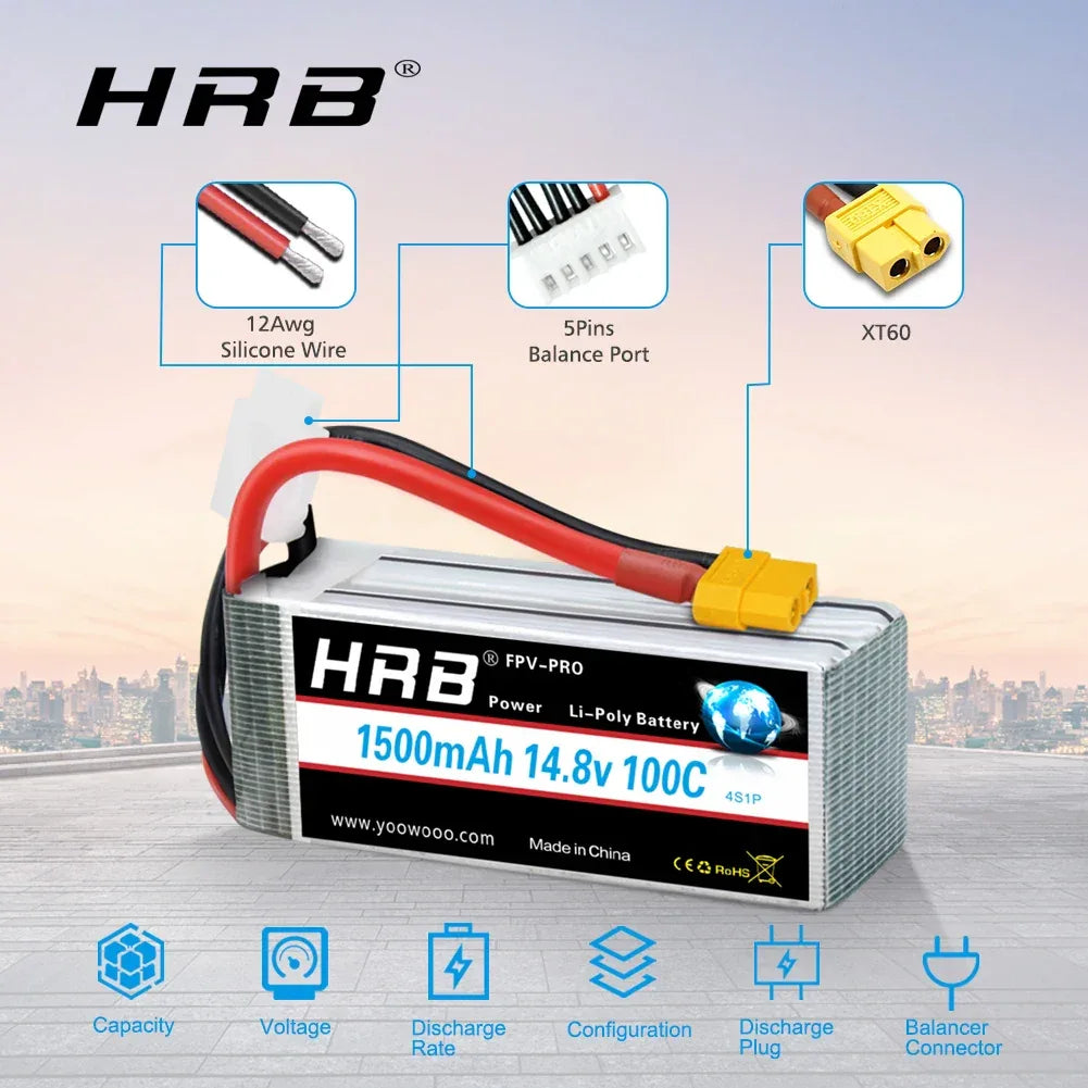 HRB 14.8V 1500mah Lipo 4S 100C RC Battery with XT60 Connector for RC Airplane fpv drones rc car truck tack RC Boat