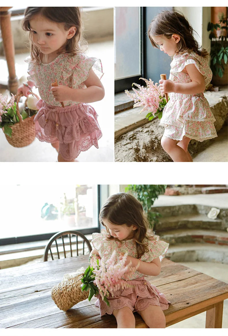 Kids Girls Cute Shirts and Shorts Skirts Outfit Set 2026 Summer New Korea Children Floral Fringed Shirts Skirts Clothes Set