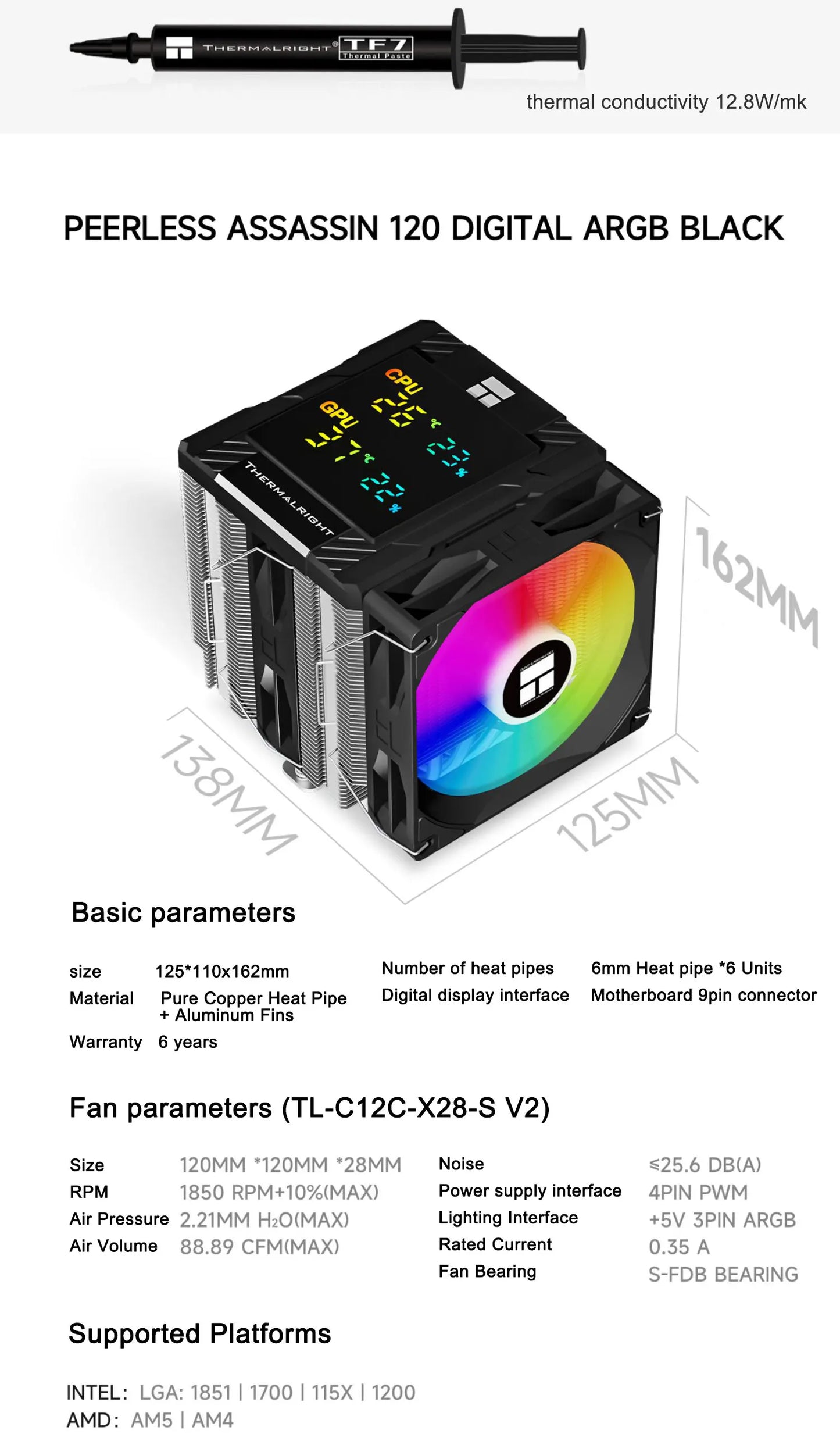 Thermalright PA 120 Digital Chassis Air Cooling Radiator，6 heat pipe/CPU/CPU simultaneous monitoring/Supports LGA1851/1700/AM5