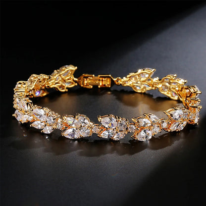 ZAKOL Luxury AAA Cubic Zirconia Wedding Bracelets for Women High Quality White Gold Color Leaf Charm Bracelet Bangles