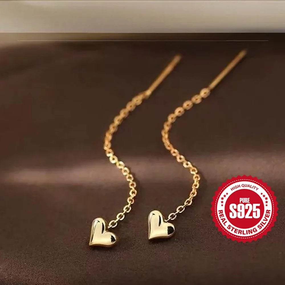 Aide 925 Sterling Silver Heart Long Tassels Chain Piercing Drop Earrings For Women Minimalist Jewelry Party Valentine's Day Gift