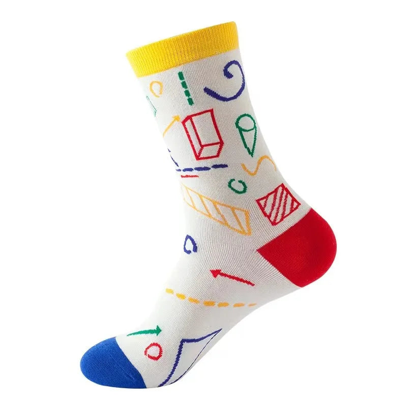 1 Pair Men Mathematical Letter Pattern Round Neck Socks Casual Fashionable Creative Breathable Comfortable Mid Length Socks