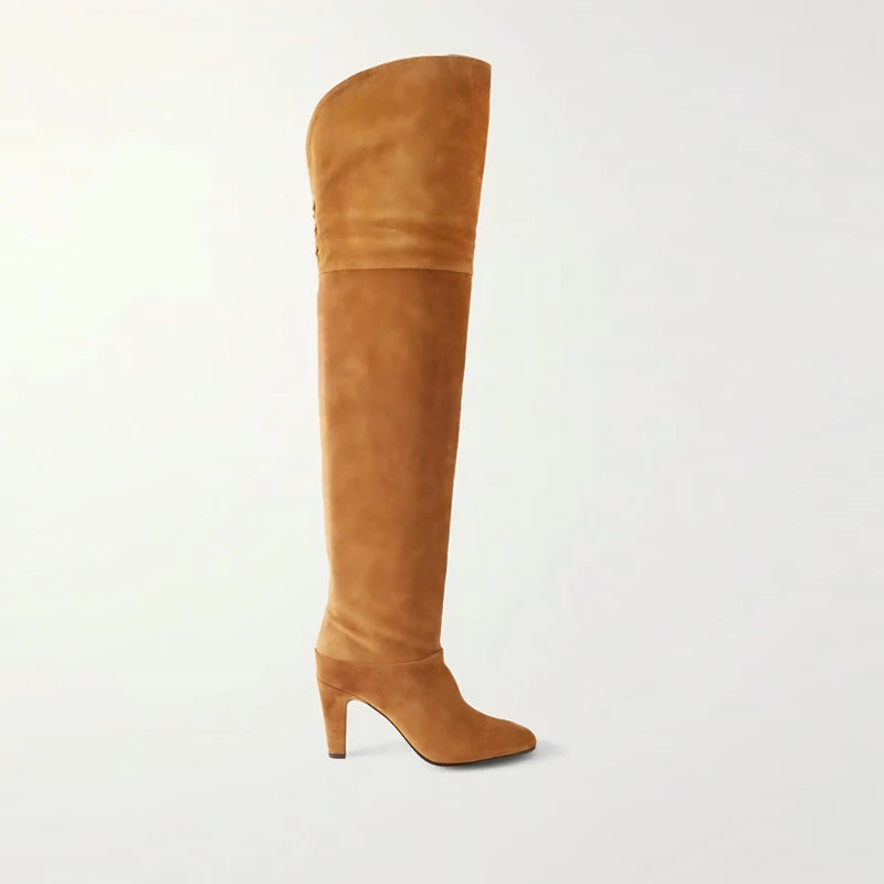 Autumn and Winter Women's Thick High-heeled Knee High Boots, Round Headed Cowhide Suede Fashionable Women's Plus Size Boots