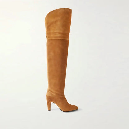 Autumn and Winter Women's Thick High-heeled Knee High Boots, Round Headed Cowhide Suede Fashionable Women's Plus Size Boots