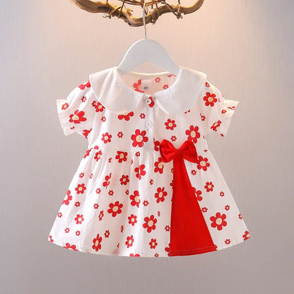 Summer New Style Baby Girls Dress Short Sleeve Flower Fake Two-Piece Shoulder Strap Dress Cute Princess Wedding Party Costume