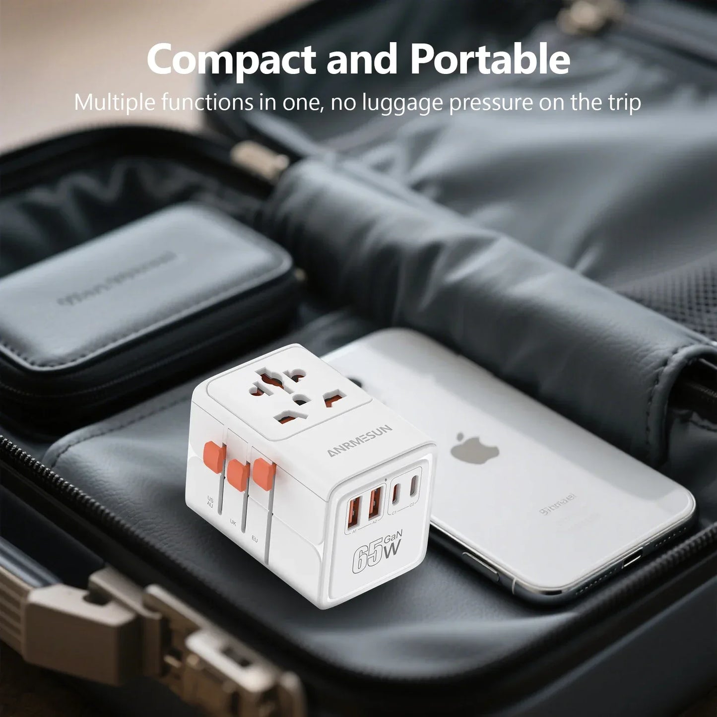 ANRMESUN 65W GaN Universal Travel Adapter with 2 USB 2 Type C Fast Charging All-in-one Travel Charger EU/UK/USA/AUS for Travel