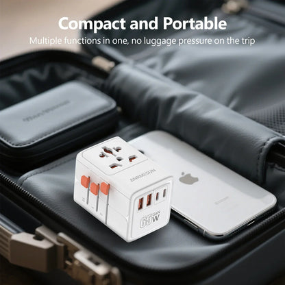 ANRMESUN 65W GaN Universal Travel Adapter with 2 USB 2 Type C Fast Charging All-in-one Travel Charger EU/UK/USA/AUS for Travel