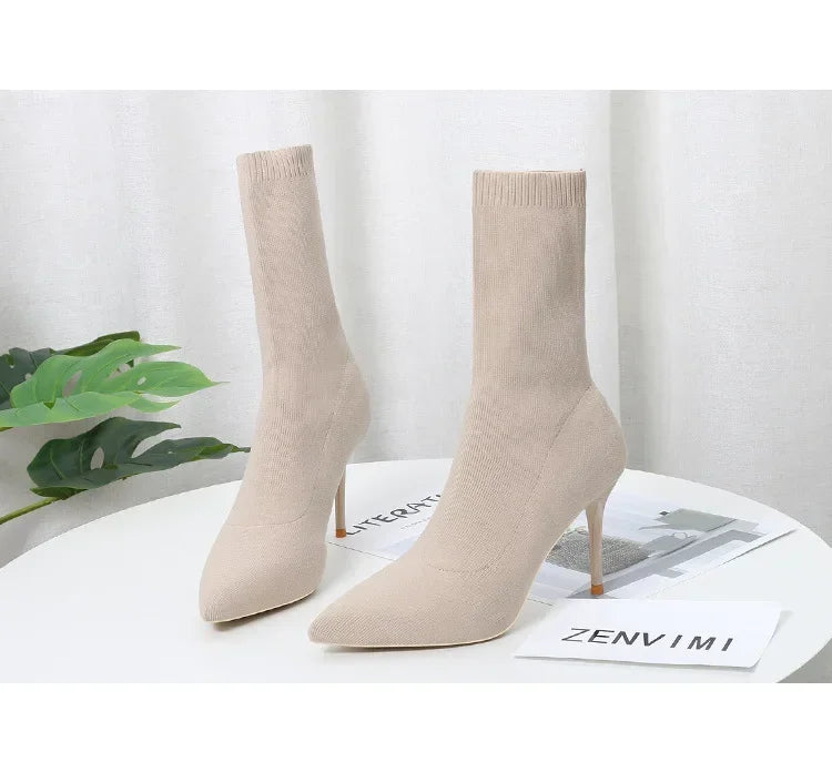 Comemore Knitting Stretch High Heels for Women Fashion Shoe 2025 Spring Autumn Ankle Boot Female Sexy Sock Boots Plus Size 34 42