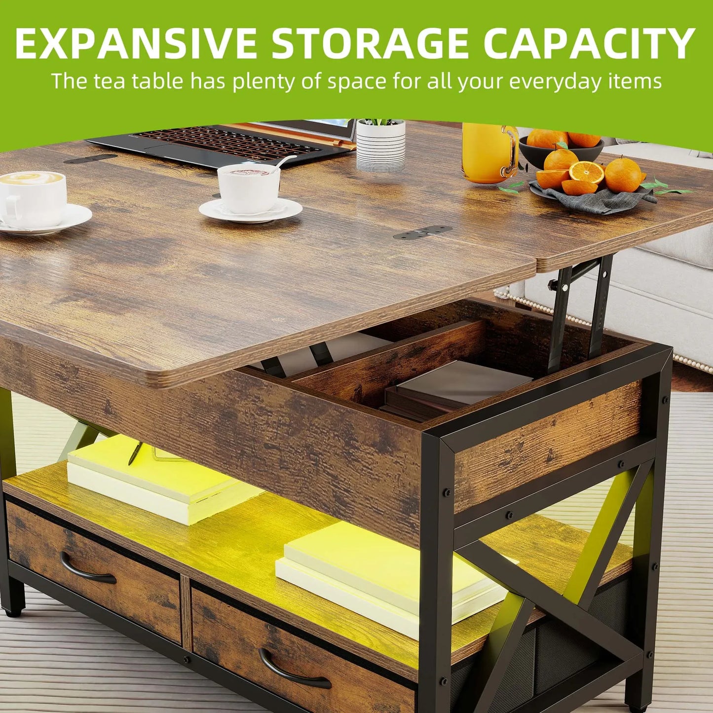 Balconera Lift-Top Coffee Table with Storage - Extendable Dining Table with 2 Drawers & LED Light, 90×50×51.5cm