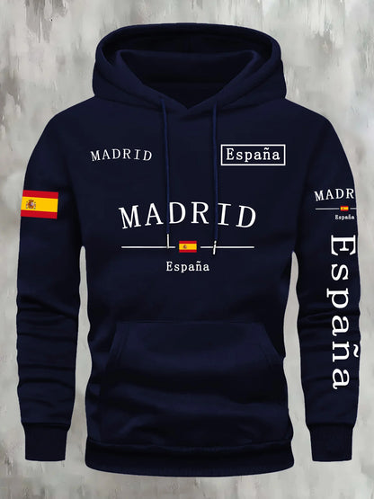 Spanish flag madrid printed Autumn and Winter Warm Cotton Men's Fleece Oversized Hoodie Outdoor Commuter Men's High Elastic top