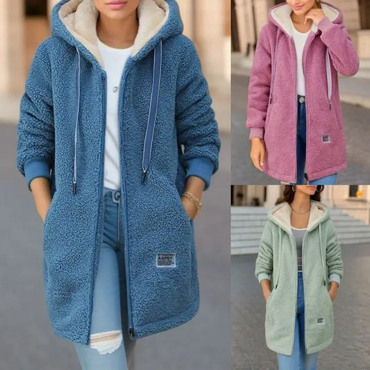 Autumn Winter Thickened Fleece-lined Sweatshirt Women's Hooded Top Cardigan Mid-length Trendy New Style Lamb Wool Jacket