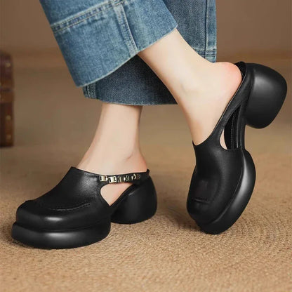 New Half-bang-head Slippers for Women 2025 Genuine Leather Platform Wedge-shaped Sneakers Pump Summer Fashion Women Casual Shoes