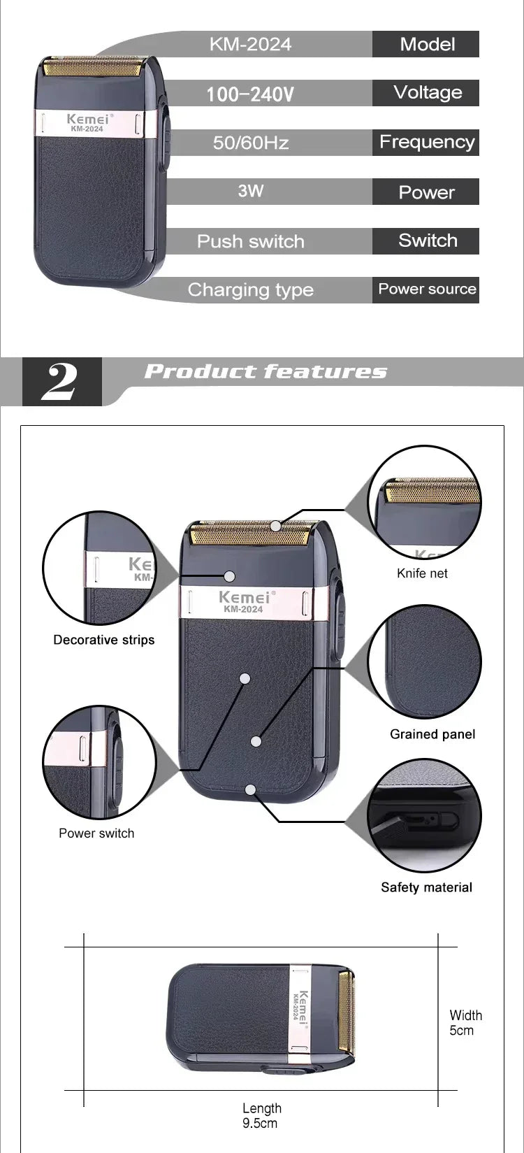 Kemei KM-2024 USB Charging Electric Shaver For Men Reciprocating Twin Blade Razor Shaver Beard Trimmer Shaving Machine