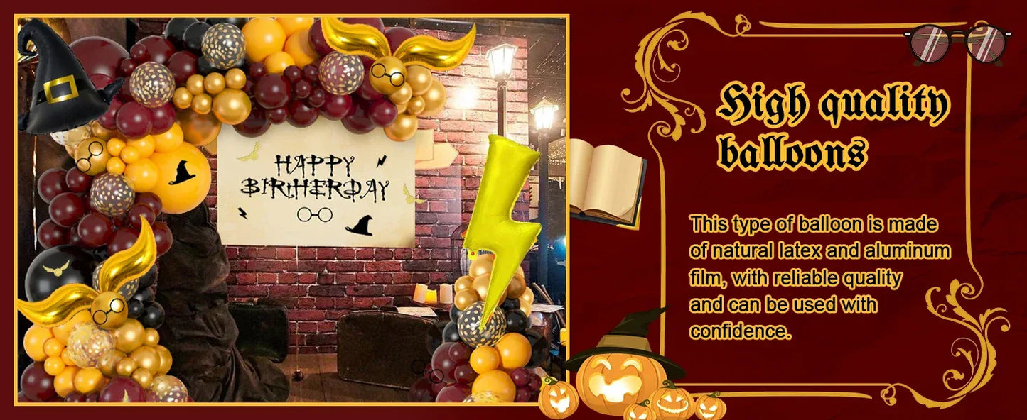 Magical Wizard School Balloons Garland Arch Kit Burgundy Black Gold Snitch Wizard Hat for Halloween Magic Themed Birthday Party