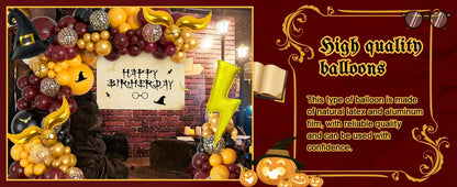 Magical Wizard School Balloons Garland Arch Kit Burgundy Black Gold Snitch Wizard Hat for Halloween Magic Themed Birthday Party