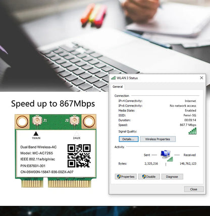 MC-AC7265 1200Mbps Bluetooth 4.2Mini PCI-E Interface 2.4G 5Ghz Wifi Card For Laptop