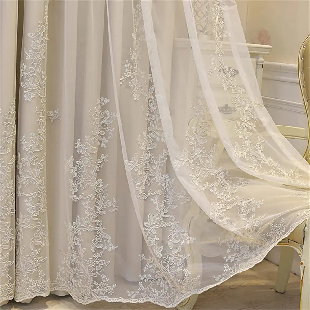 Luxury Beige Double Layer Embroidery Blackout Curtain for Bedroom Living Room European Delicate Sheer Plus Darkening Cloth Drape