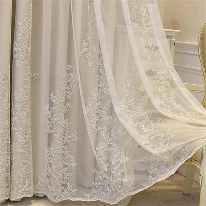 Luxury Beige Double Layer Embroidery Blackout Curtain for Bedroom Living Room European Delicate Sheer Plus Darkening Cloth Drape